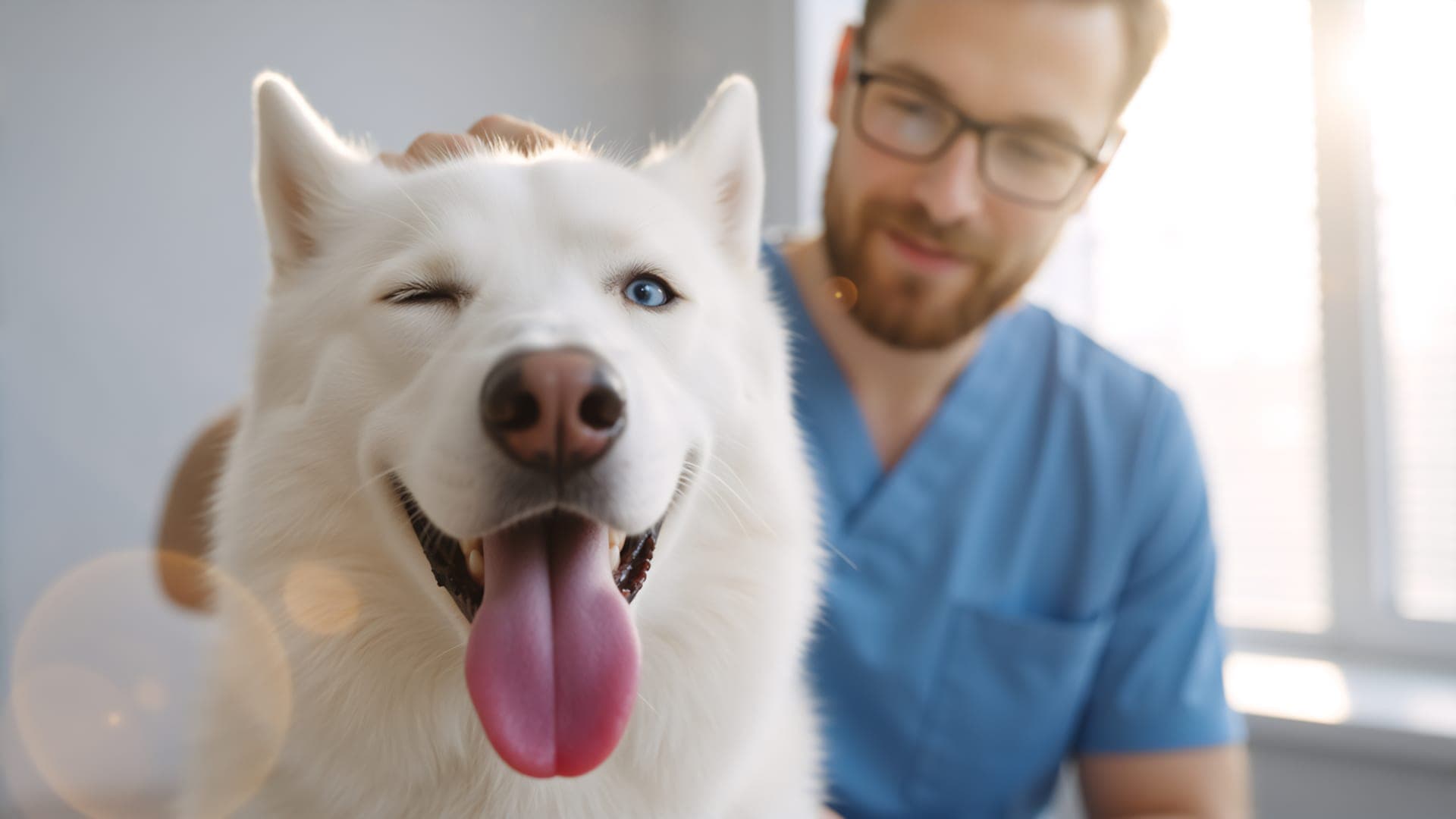 Husky blanco guiñando un ojo junto a su médico veterinario en consulta